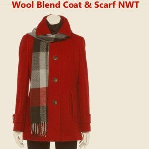 London Fog Collection Wool Blend Coat & Scarf, Size L in Red